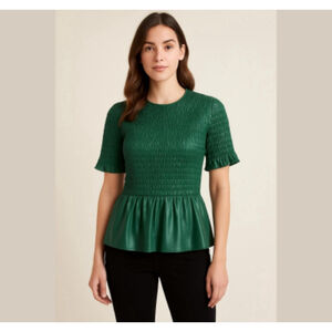 Zara women vegan leather smoked blouse pleated peplum design size M